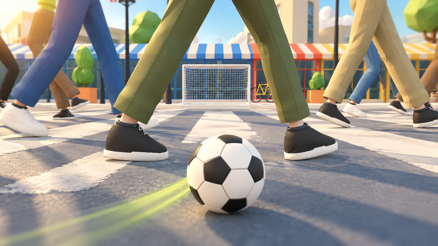 A football lined up to pass between a pedestrian's legs toward the goal
